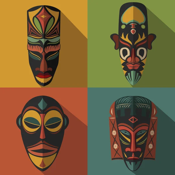 Conjunto de máscaras étnicas tribales africanas sobre fondo de color — Vector de stock