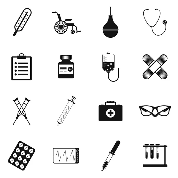 Плоскі чорні значки набір медичних інструментів та обладнання для охорони здоров'я — стоковий вектор