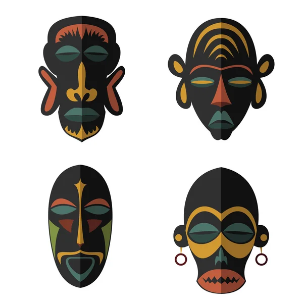 在白色背景上设置的非洲民族部落面具 — 图库矢量图片