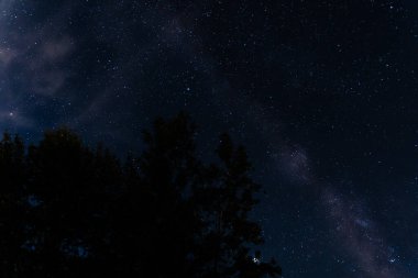 Gece gökyüzü parlak yıldızlar ve Samanyolu Galaksisi ile dolu. Yıldızlara bakma ve gökyüzü fotoğrafçılığı. Uzayın derinliklerinden parlayan güzel ışık noktaları