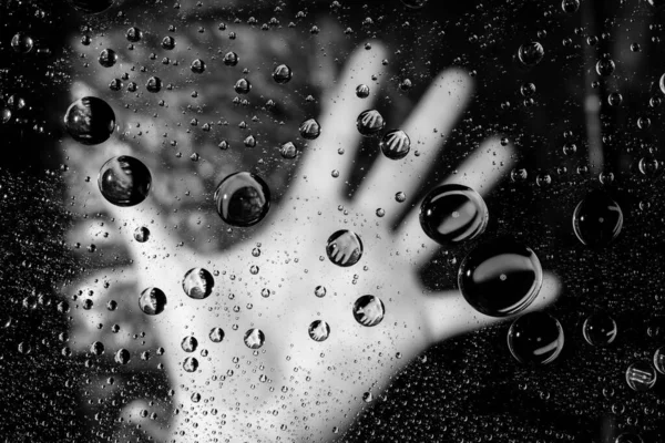 Human Hand Pressed Foggy Glass Window Covered Water Droplets Background — Stock Photo, Image