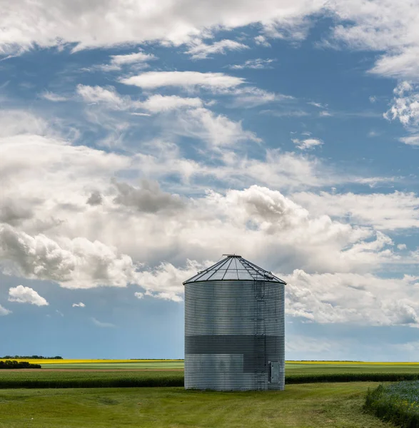 Grain silo in a farmer\'s field and beautiful puffy clouds in rural Alberta Canada at sunset