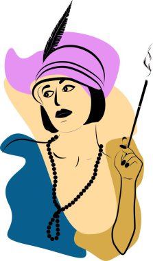 30 'ların tarzında boncuklu, şapkalı, ağzında puro olan bir kız. Hanımefendi tatminsiz bir bakışla yana bakıyor. Bob saç stili. Muhteşem Gatsby 'nin stili. Doğrusal geçmişe dönük portre. Poster için iyi. Renkli