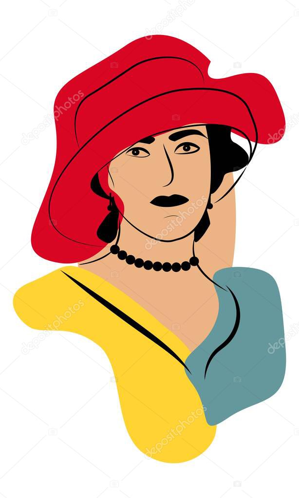 Silhouette of a lady in a hat with beads in color. Suitable for printing: poster, cover, print for a disposable cup, shirt, sticker, postcard. Elegant girl icon for toilet. Retro shape.