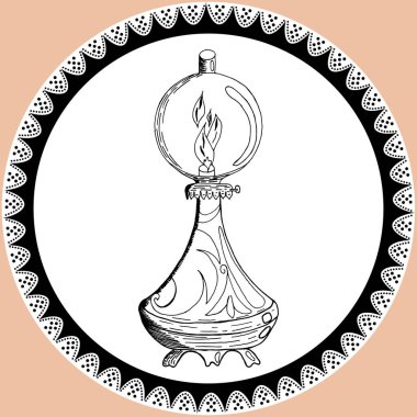 Doodle feneri, eski tarz dantelli gazyağı lambası. Lamba elin silueti siyah beyaz kalemle çizilmiş.