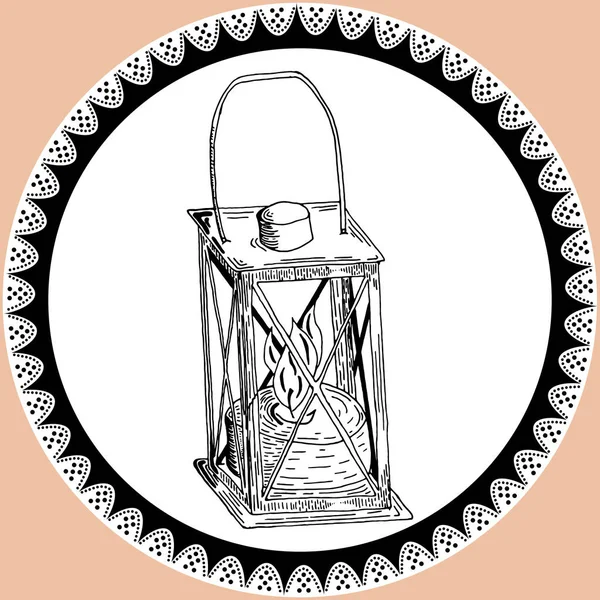 Lanterne Doodle Lampe Kérosène Style Vintage Avec Dentelle Silhouette Lampe — Image vectorielle