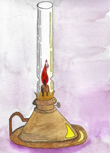 Lampe Avec Feu Lumière Lui Dessiné Main Avec Aquarelle Dans — Photo