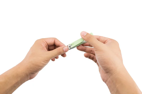 Homem cortando unhas com cortador de unhas isolado no fundo branco — Fotografia de Stock