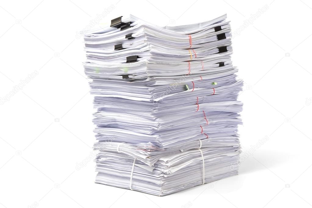 Stack of business papers isolated on white background. Copy space