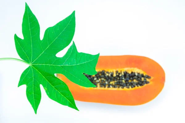 Mango cortado fruta de papaya y hoja de papaya aislado sobre fondo blanco, Enfoque en la hoja de papaya . —  Fotos de Stock