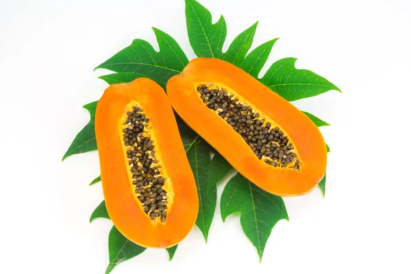 Haft papaya meyve ve papaya yaprak beyaz arka plan üzerinde izole kesmek — Stok fotoğraf