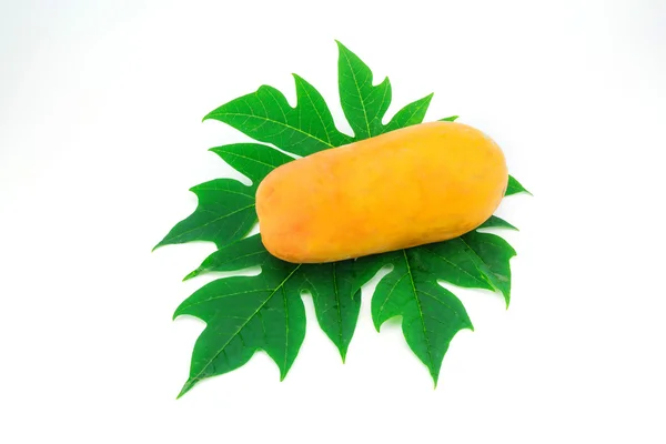 Papaya meyve ve beyaz arka plan üzerinde izole papaya yaprak — Stok fotoğraf