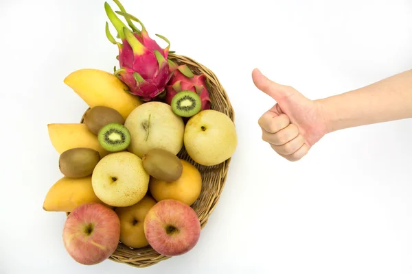 Concept de saine alimentation, main avec le pouce levé, se concentrer sur la main — Photo