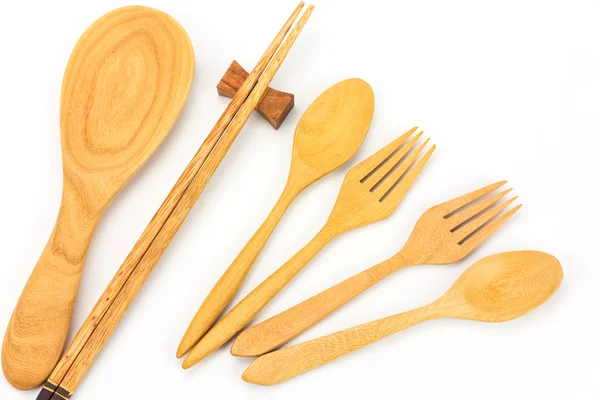 Assorted wooden tableware on white background — Stok fotoğraf