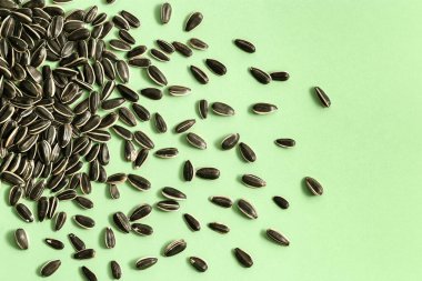 Dağınık ayçiçeği tohumları. Çiftçilik zamanı hasat et. Sağlıklı yağlar, yiyecek..