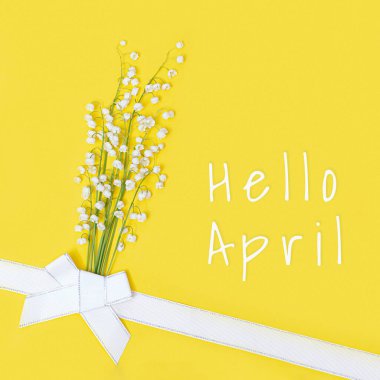 Yaratıcı düz kompozisyon. Bahar çiçekleri. Pastel sarı arka planda vadinin beyaz zambakları. Çiçek dizaynı ve başlığı Merhaba April.