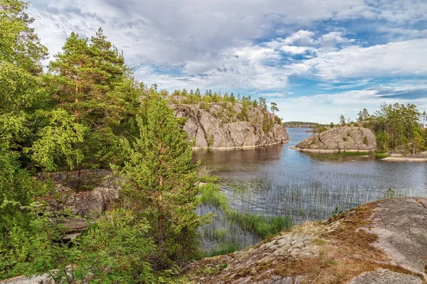 Ladoga Gölü 'nün ve küçük taş adaların güzel manzarası ağaçları ve otları kaplıyordu. Bulutlu mavi gökyüzü. Karelia Cumhuriyeti, Rusya.