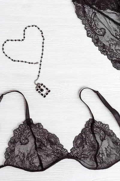 Beautiful Silk Lace Bra Woman Black Lingerie Figure Heart Thin — Stock Photo, Image