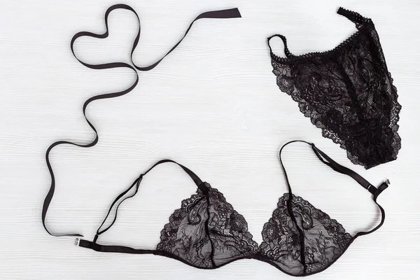 Beautiful Silk Lace Bra Panty Woman Black Fashionable Lingerie Set — Stock Photo, Image