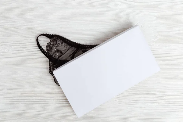 Woman Lace Lingerie Gift Box Cope Space Top View Black — Stock Photo, Image