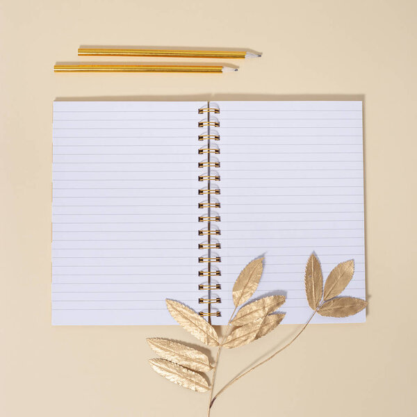 Top view of open school notebook with blank pages and pencils for writing notes. Creative workspace at home with gold and neutral autumn shades.