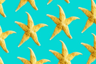 Deniz yıldızlarıyla parlak yaz şablonu. Turkuaz rengi arka planda sarı deniz yıldızı, deniz yaz tatili konsepti.