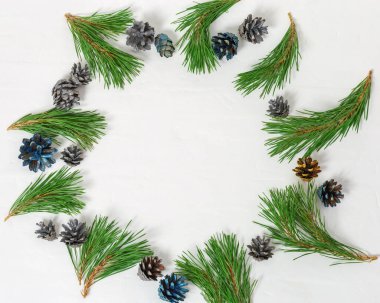 Çam dallarından yapılmış Noel çerçevesi, beyaz beton arka planda koniler. Noel kompozisyonu. Üst görünüm, alanı kopyala.