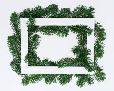 Yeşil köknar dallarından oluşan Noel tatili dekoratif çerçeve, fotokopi alanı, tebrik kartı, kış kutlaması için davetiye.