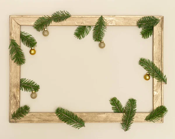 Christmas Old Wooden Frame Green Fir Tree Branches Happy New — Stock Photo, Image