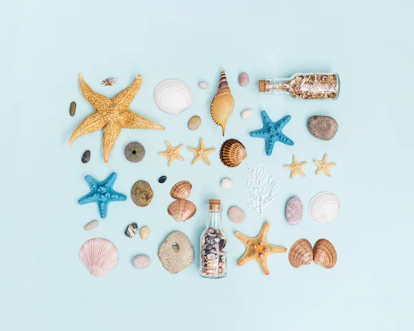Summer Flat Lay Colorful Sea Stars Seashells Pebble Stones Blue — Stock Photo, Image