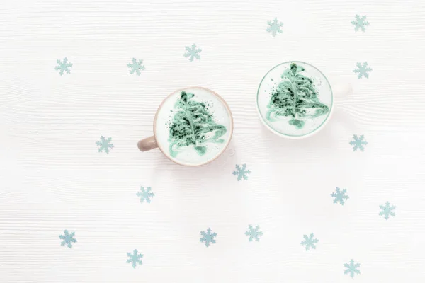 Latte Winter Coffee New Year Tree Art Big Mug White — Stock Photo, Image