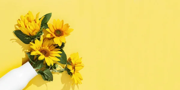 黄色の背景に白い花瓶にひまわりの秋の花 緑色の葉を持つ自然な明るい黄色の花 コピースペース付きバナー — ストック写真