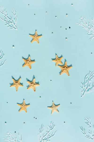 Verano Náutico Plano Yacía Con Estrellas Mar Coral Blanco Sobre —  Fotos de Stock