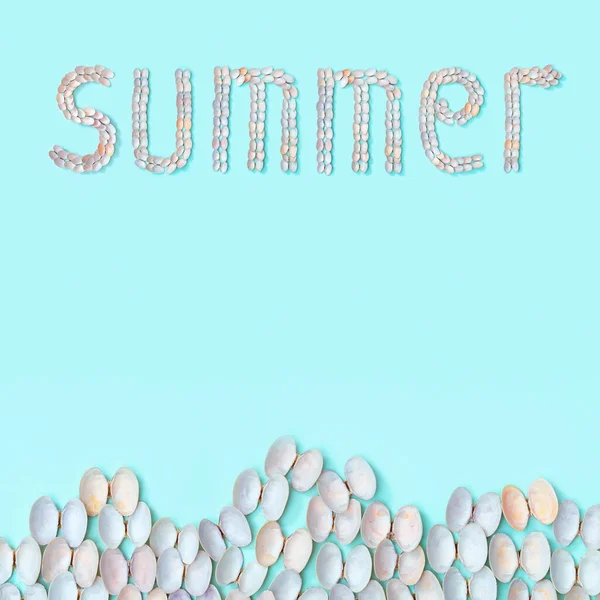 Wortsommer Aus Kleinen Ähnlichen Natürlichen Muscheln Auf Blauem Papier Sommer — Stockfoto