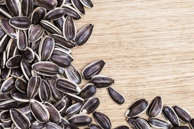 Arka plan için organik ayçiçeği tohumları. Kabuğu soyulmuş tohumlar, ahşap yüzeyde fotokopi alanı ile birlikte. Üst görünüm.