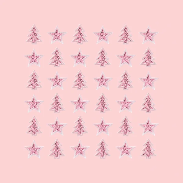 Padrão Natal Criativo Com Brinquedo Rosa Estrelas Árvore Natal Com — Fotografia de Stock