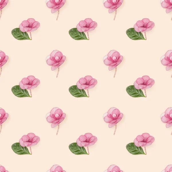 无缝图案由天然的粉红色花朵和绿色叶子组成 背景为粉红色 花朵细小而新鲜 夏季花卉印刷 — 图库照片