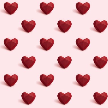 Pembe arka planda koyu kırmızı çokgen kağıt kalp ile kusursuz desen. Sevgililer Günü için duvar kağıdı. Aşk konsepti. Parlak renkler. Asgari biçim.