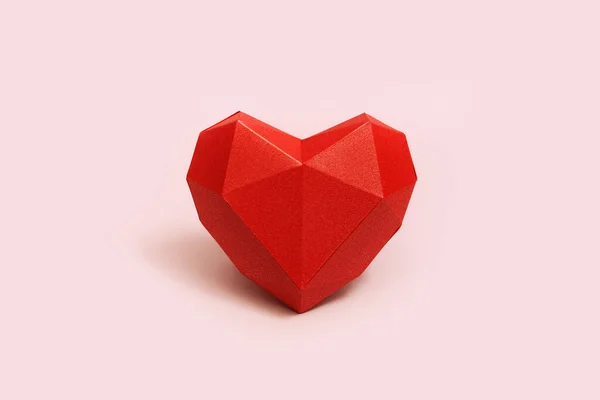 Rött Polygonalt Papper Hjärta Form Grädde Färgad Bakgrund Semesterbakgrund Med — Stockfoto