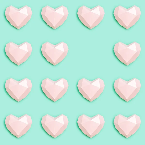 Creative Flat Lay Pink Polygonal Paper Heart Shape Mint Color — Stock Photo, Image