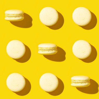 Renkli Fransız kurabiyelerinin kusursuz, düzenli, yaratıcı deseni. Monokrom görüntüsü. Kumaş üzerine baskı, ambalaj kağıdı.