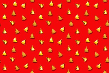 Kırmızı kağıtta altın renginde Noel ağacı oyuncakları. Yeni yıl deseni parlak renkler. Kış tatili köknar ağacında pırıl pırıl parlıyor..