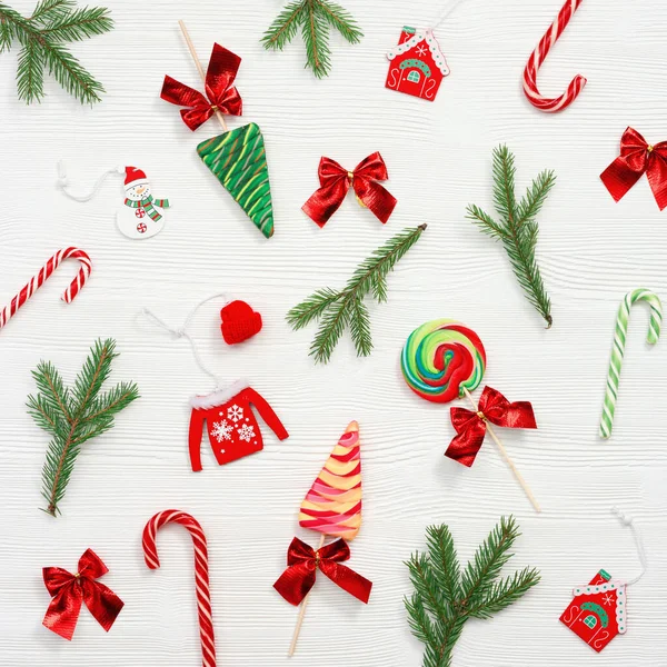 Christmas Composition Christmas Sweets Candy Canes Pine Branches New Year — Stock Photo, Image