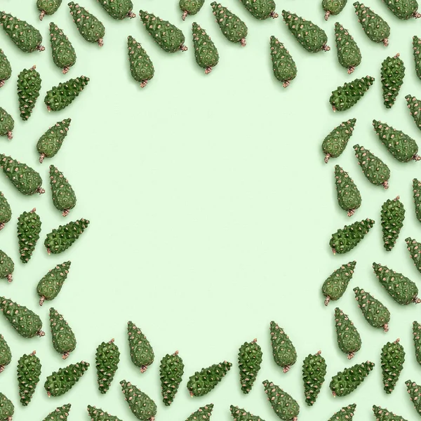 Frame Natural Green Pine Cones Pastel Green Paper Copy Space — Stock Photo, Image