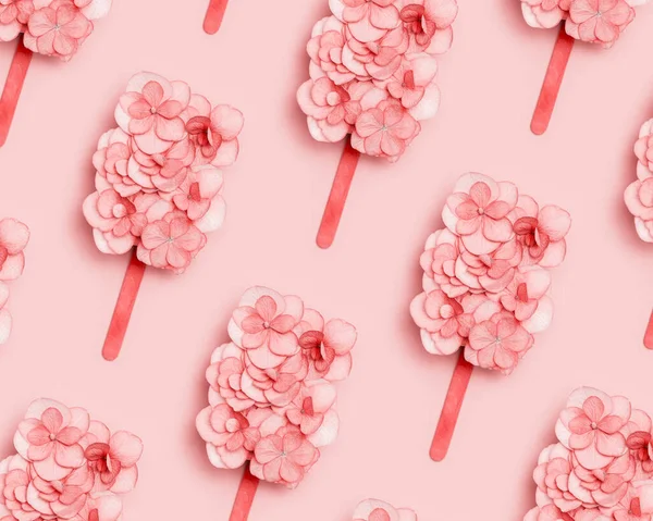 Візерунок Рожевих Квітів Гортензії Морозиво Паличці Або Пастельний Рожевий Фон — стокове фото