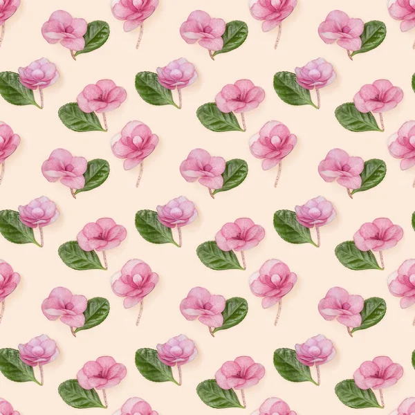 Seamless Pattern Natural Pink Flowers Green Leaves Pink Background Small — Stock Photo, Image