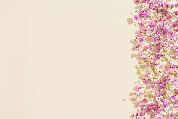 ベージュ色の紙に小さなピンクの花を咲かせます 花の背景 コピースペースとニュートラルカラーとミニマルなスタイルの美的イメージ — ストック写真