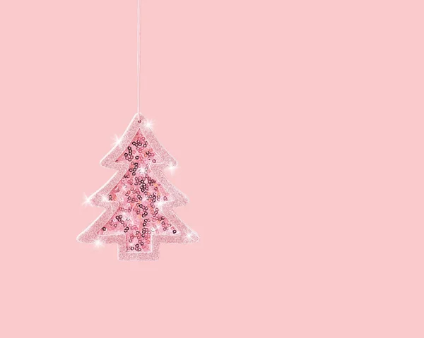 Minimale Kerst Nieuwjaarskaart Met Sprankelend Roze Speelgoed Kerstboom Met Zilverkleurige — Stockfoto