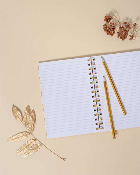 Top view of open school notebook with blank pages and pencils for writing notes. Creative workspace at home with gold and neutral autumn shades.
