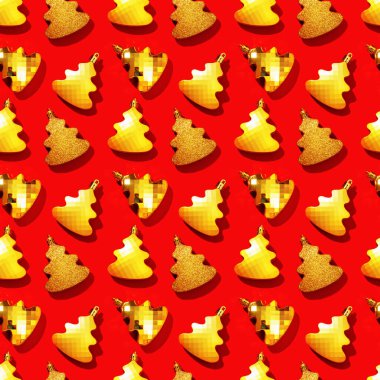 Metalik kırmızı renkli Noel ağacı oyuncaklarıyla kusursuz, düzenli, yaratıcı bir model. Yeni yıl arkaplanı.